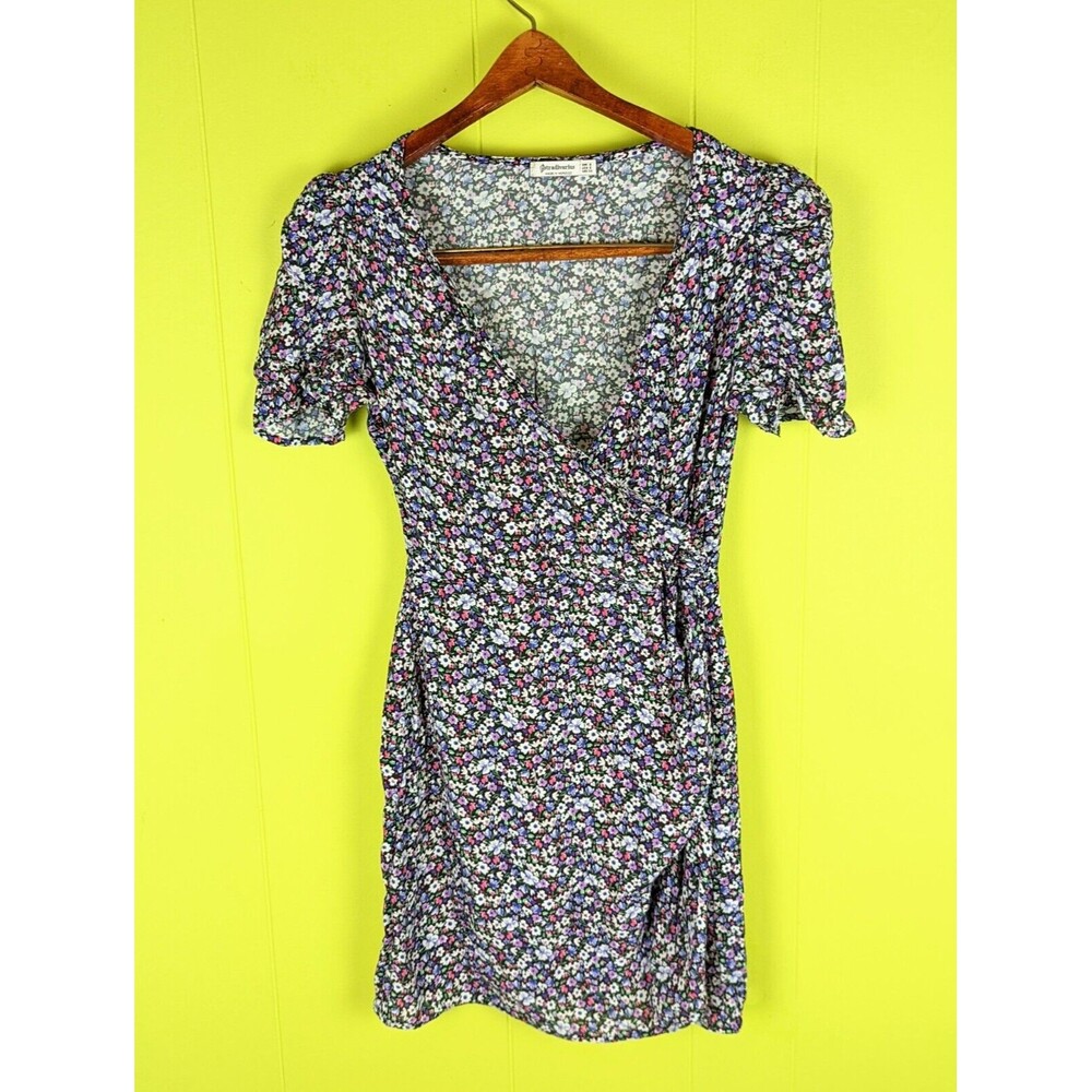 Stradivarius Womens S Floral Short Sleeve Mini Dress Boho Faux Wrap V-Neck Rayon